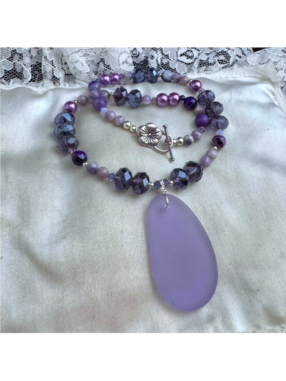 Lavender Beaded Pendant Necklace  Purple Gemstones Crystals & Faux Pearls.